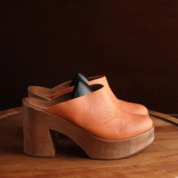 Free People Leather Platform Mules in Orange and Brown - Picture 1 of 14